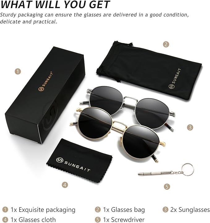 SUNGAIT Ponderable Metal Round Sunglasses for Men Women Classic Vintage Polarized Circle Sun Glasses