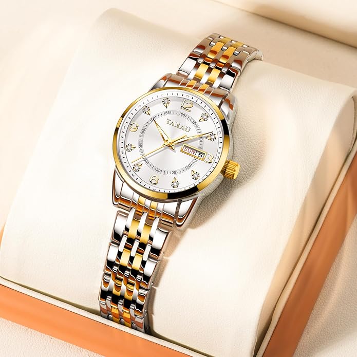 Gold Silver Two Tone Women Stainless Steel Watch Small Wrist ElegantDress Watch for Women Fashion Luxury Waterproof Day Date Analog Quartz Ladies Watches