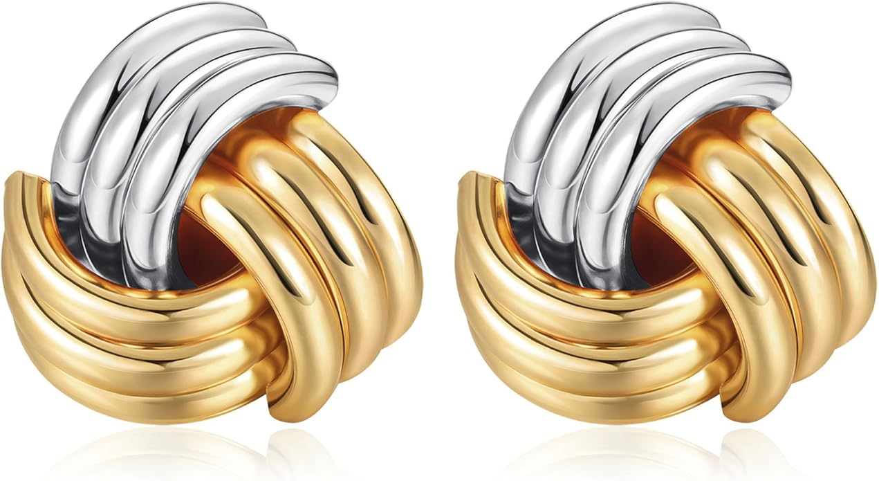 ORAZIO Chunky Gold Plated Knot Earrings for Womens Trendy 925 Silver Statement Lightweight Dangle Drop Hypoallergenic Large Geometric Stud Earring Jewelry for Women