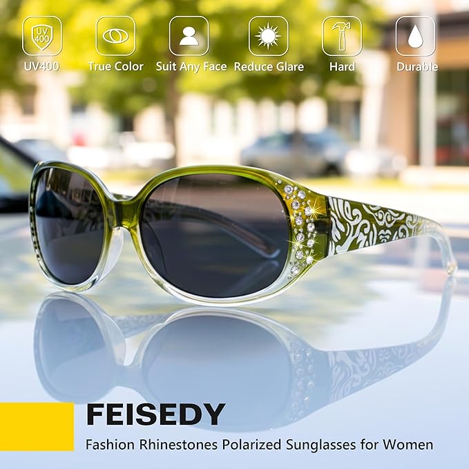 FEISEDY Women's Polarized Sunglasses Wrap Around Rhinestone Design Fashion Sunnies UV400 Protection B1091