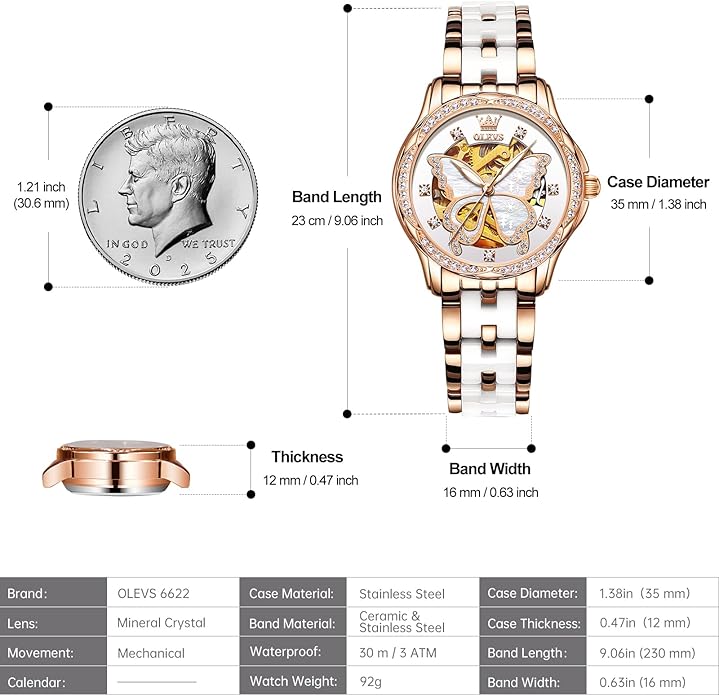 OLEVS Womens Automatic Watch, Premium Large Face Diamond Accented Self Winding Watches for Women, Fashion Waterproof Ladies Dress Watch, Two Tone Stainless Steel Ceramic Bracelet