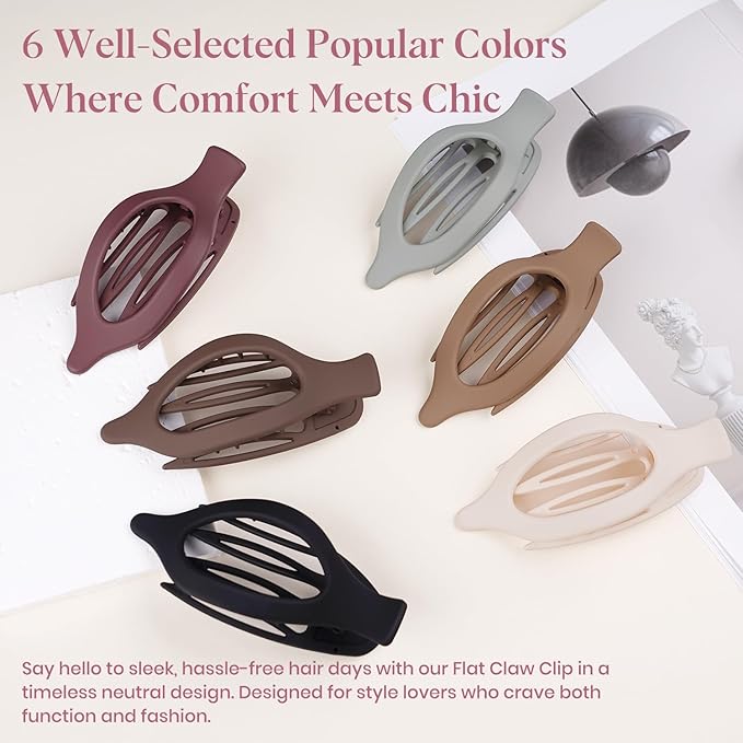 6 PCS Large Flat Hair Clips for Women Girls, French Concord Lay Down Claw Clips for Thick Thin Hair, Comfortable Curved Flat Clips, Matte Non-slip Strong Hold Hair Accessories, Chic Colors