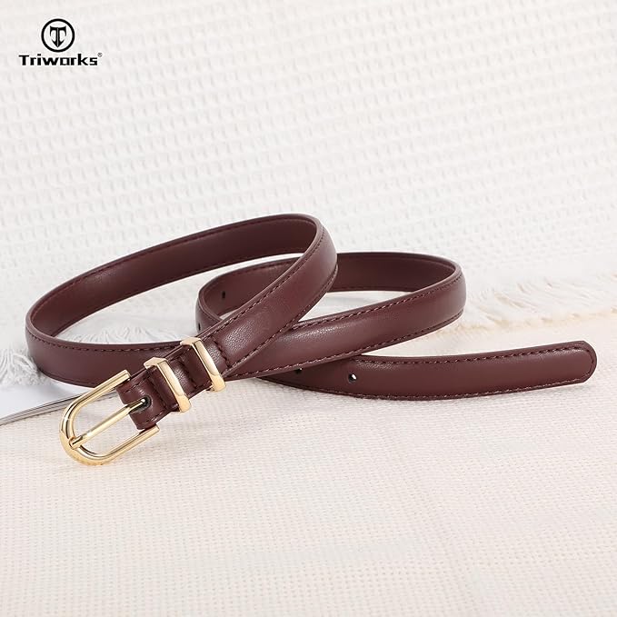 2 Pack Women Skinny Leather Belts for Jeans Pants Thin Faux Leather Belt with Gold Buckle