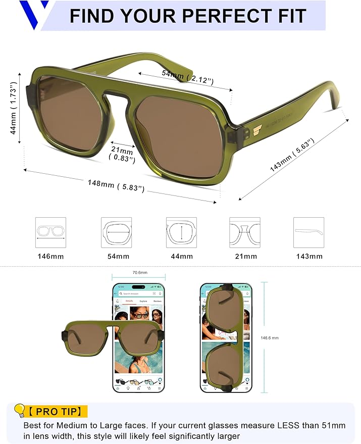 VANLINKER Oversized Retro Square Aviator Sunglasses for Women Men 70s Vintage Style Trendy Big Flat Top Sun Glasses VL9826