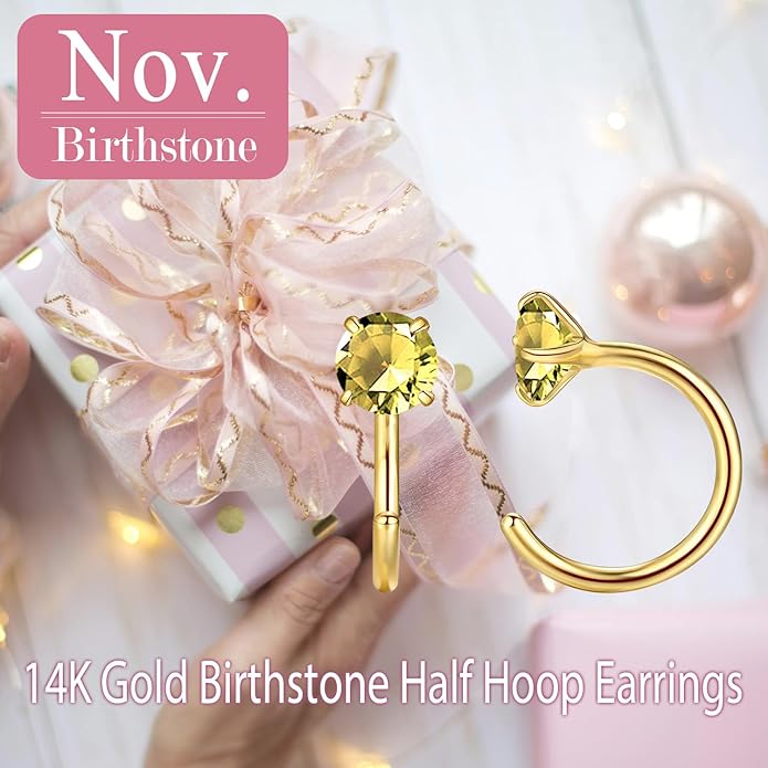 14K Gold Birthstone Huggie Half Hoop Earrings for Women,Round-cut Created Gemstone Minimalist Tiny Earring(4MM*2) Anniversary Birthday Mother's Day Jewelry for Mom Her