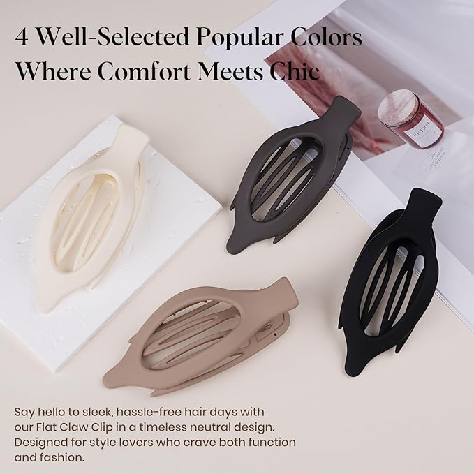 4 PCS Large Flat Hair Clips for Women Girls, French Concord Lay Down Claw Clips for Thick Thin Hair, Comfortable Curved Flat Clips, Matte Non-slip Strong Hold Hair Accessories, Brown