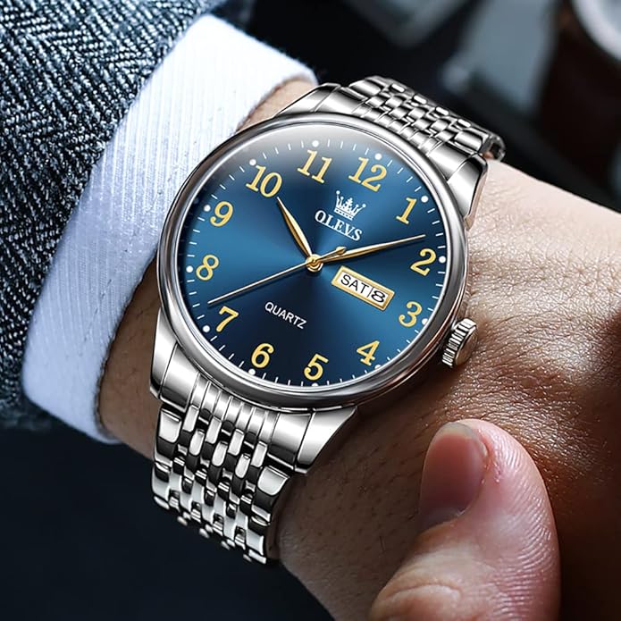 OLEVS Mens Watch Stainless Steel Analog Quartz Watches for Men Day Date Easy Read Diamond Waterproof Dress Luxury Classic Casual Big Face Blue/Black/Gold/Silver Roman Arabic Numerals Men's Wrist Watch