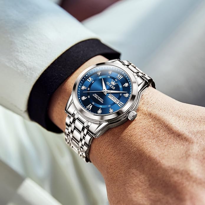 OLEVS Men's Stainless Steel Watch, Large Face Roman Numerals Diamond Accented Three-Hand Analog Quartz Watches for Men, Easy to Read Day Date Waterproof Luminous Mens Wristwatch