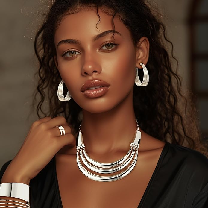 JOERICA Bib Choker Necklace Silver Gold Jewelry Set Wide Cuff Bangle Bracelet Open Hoop Earrings Adjustable Ring Chunky Silver Gold Statement Costume Jewelry Set for Women