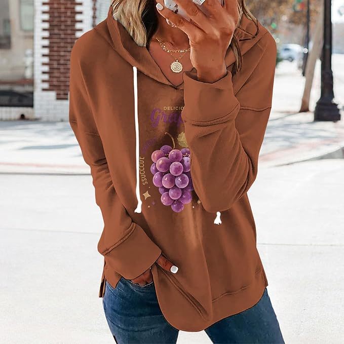 Womens Casual Loose Fit Pullover Sweatshirt with Artistic Print Drawstring Hood Long Sleeve Cotton Blend for Fall
