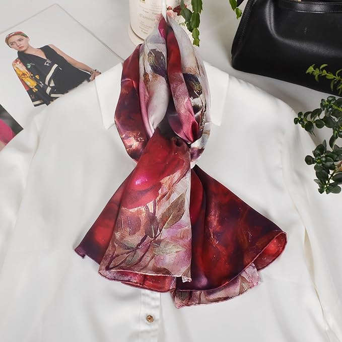 100% Mulberry Silk Scarf for Women Neck Oblong Headscarves Long Floral Print Lightweight Silk Wraps Shawls 67"*20"