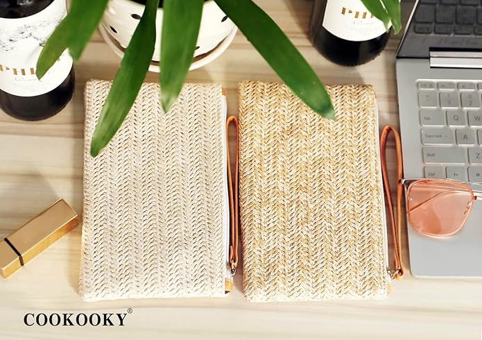 COOKOOKY Womens Straw Clutch Bag Bohemian Summer Beach Straw Purse Zipper Wristlet Wallets for Women