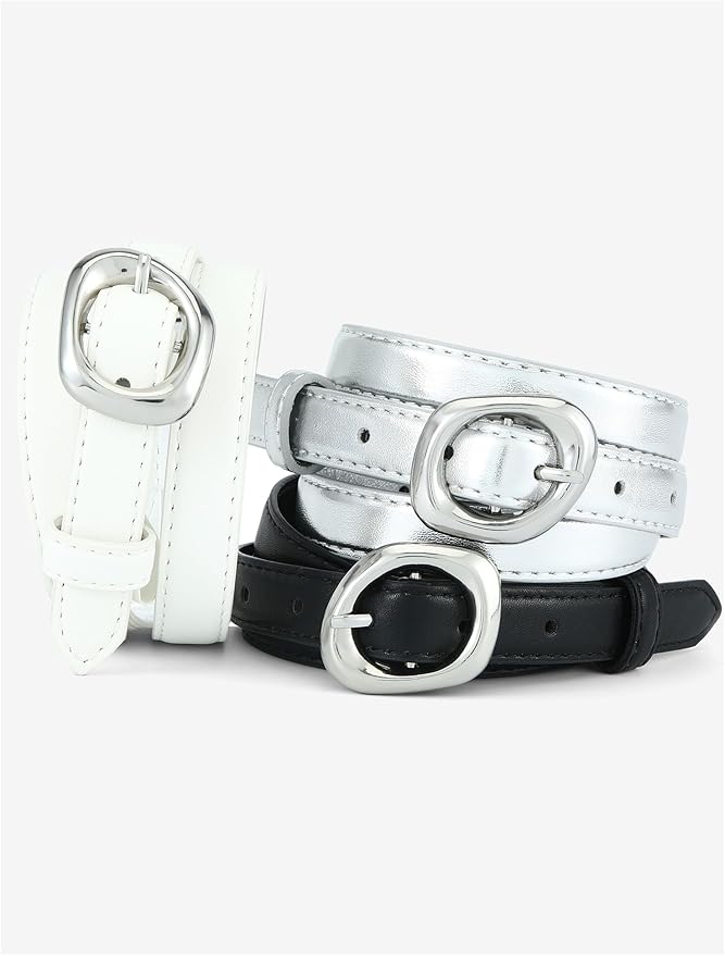 Thin Belt for Women Jeans Faux Leather Ladies Skinny Waist Belts for Dresses Pants with Trendy Gold/Silver Buckle