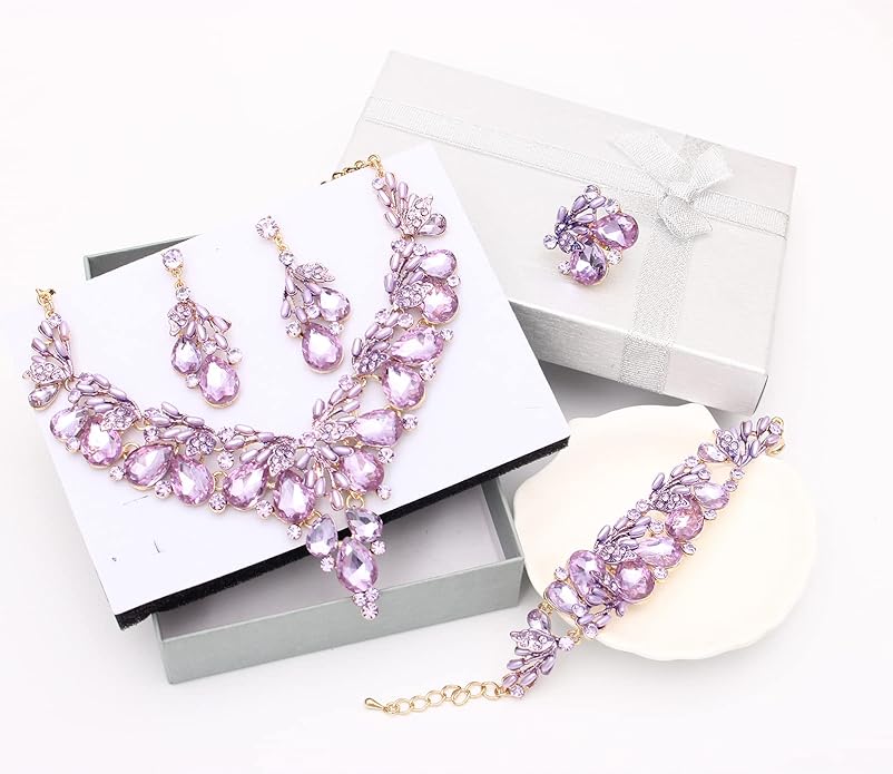 Jewelry Set for Women, Statement Necklace Dangle Earrings Bracelet Ring, White/KC Gold Plated Jewelry Set with Rhinestone Pearl Crystal Wedding Party Jewelry for Bridal Bridesmaid