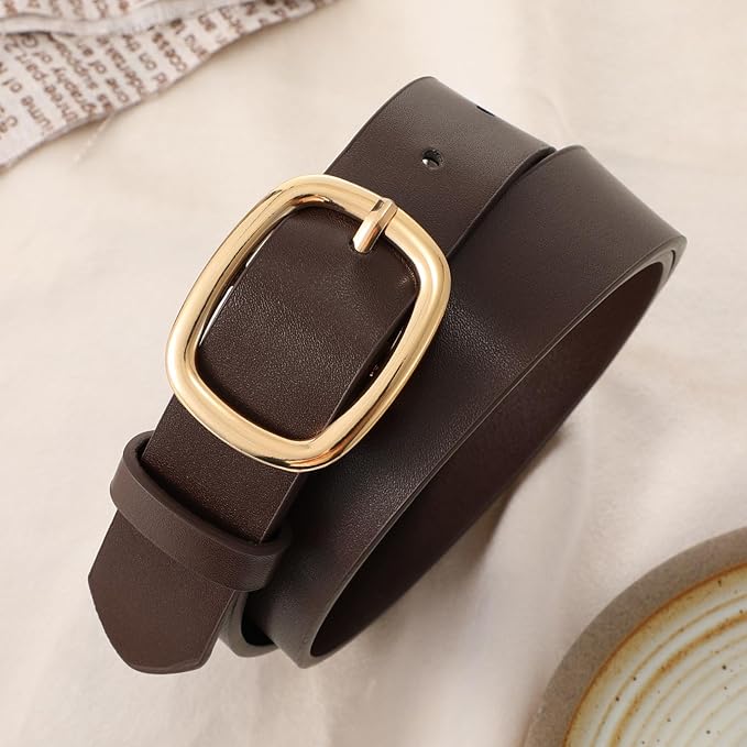 WHIPPY Women Leather Belt Casual Fashion Gold Buckle Leather Waist Belt for Jeans Pants Dresses Chic Ladies Belt