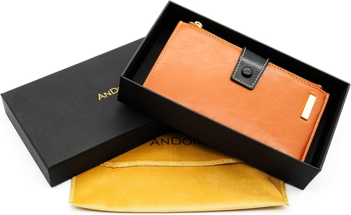ANDOILT Wallet Women RFID Blocking Genuine Leather Bifold Multi Card Organizer Wristlet Purse Cell Phone Handbag