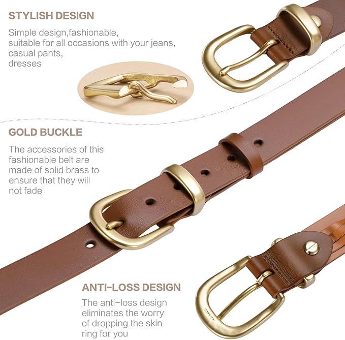 Womens Belts for Jeans 1.1" Width Ladies Belts for Dresses Full Grain Leather Gold Buckle Belt Gift Box