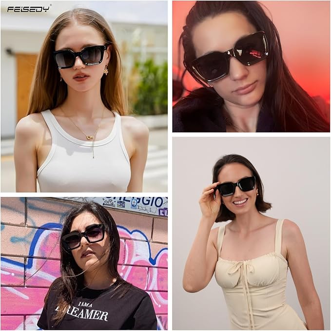 FEISEDY Classic Women Sunglasses Fashion Thick Square Sun Glasses Chunky Frame UV400 B2471