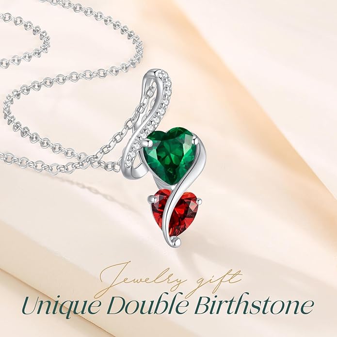 LOUISA SECRET Unique Double Heart Necklace Gifts for Wife Women, 925 Sterling Silver Tiny Birthstone Pendant Jewelry Gift for Her Girlfriend Mom Valentine's Day Anniversary Mother's Day Birthdays & Christmas
