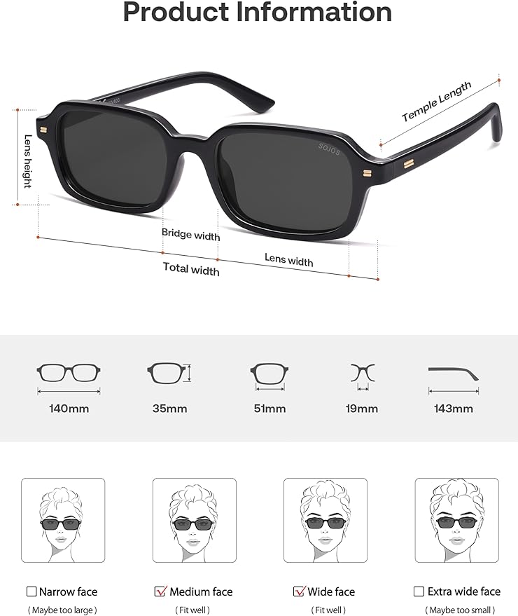 SOJOS Trendy Rectangle Polarized Sunglasses Womens Mens, Small Retro Fashion Thin Slim Square Sunnies SJ2610