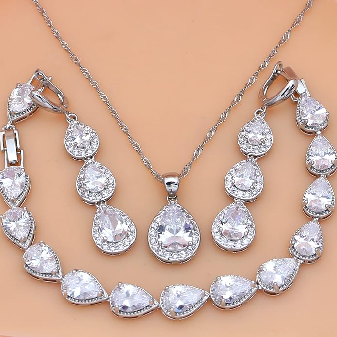 LMXXVJ Necklace Long Earrings Bracelet Set, White Gold Plated Created Blue Sapphire Jewelry Set Wedding Party Gift Jewelry for Women Bridal Bridesmaid
