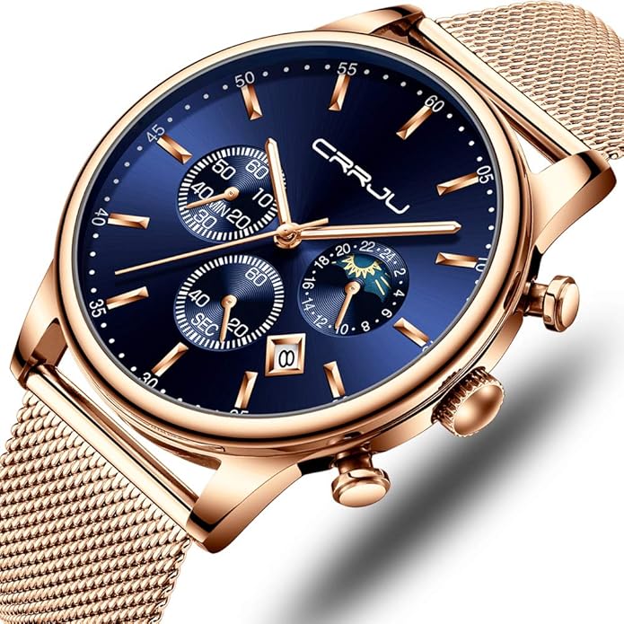 CRRJU Men's Fashion Casual Watches Auto Date Chronograph Watch Men Nice Work Watches Waterproof 30M Full Steel Quartz with Mesh Strap