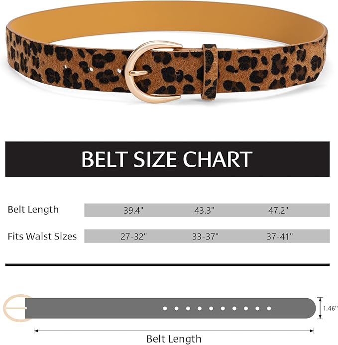 Women’s Leopard Print Leather Belts for Women, Cheetah Print Belt with Gold Buckle, Width 1.46"