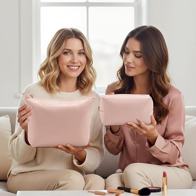 Kigeli 2 Pcs PU Leather Makeup Bag Set for Women Aesthetic Cosmetic Bag Small Toiletry Travel Pouch for Purse Emergency Skincare Organizer Valentine Gifts for Bridesmaid Birthday(Pink)