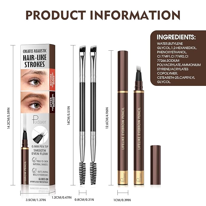2 Pack 4-Tip Microblading Eyebrow Pen with 2 Brow Brushes, Waterproof Vegan Formula Eyebrow Pencils for Women to Effortlessly Create Natural Hair-Like Strokes, All-Day Wear (Black Brown)