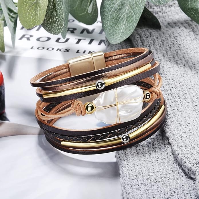 Fesciory Leopard Bracelet for Women, Boho Leather Wrap Multi-Layer Pearl Crystal Bracelet Bangle Jewelry