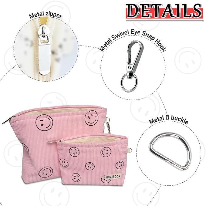 2pcs Cosmetic Bags,makeup bag for women,aesthetic organizer toiletry bags,travel essentials,travel size toiletries,a small make up bag and a big make up bag(pink Smiley face)