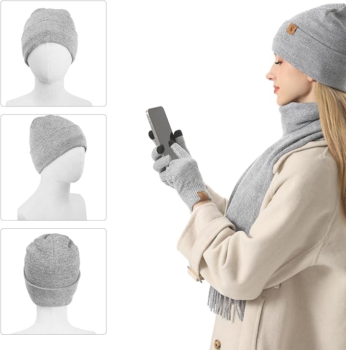 Winter Warm Beanie Hat Touchscreen Gloves Long Scarf Set for Women with Headband, Knit Cap Scarves with Tassel for Women
