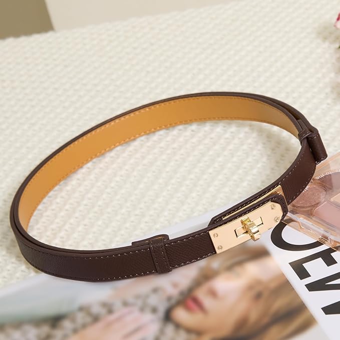 Skinny Leather Belts for Women with Adjustable Silver Turn-Lock Buckle for Dresses Jeans and Pants
