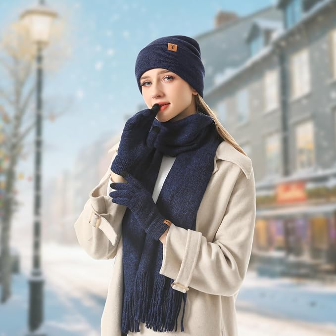 Winter Warm Beanie Hat Touchscreen Gloves Long Scarf Set for Women with Headband, Knit Cap Scarves with Tassel for Women