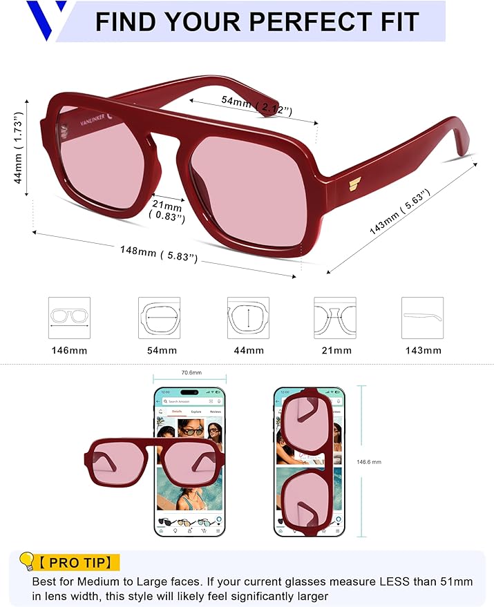 VANLINKER Oversized Retro Square Aviator Sunglasses for Women Men 70s Vintage Style Trendy Big Flat Top Sun Glasses VL9826