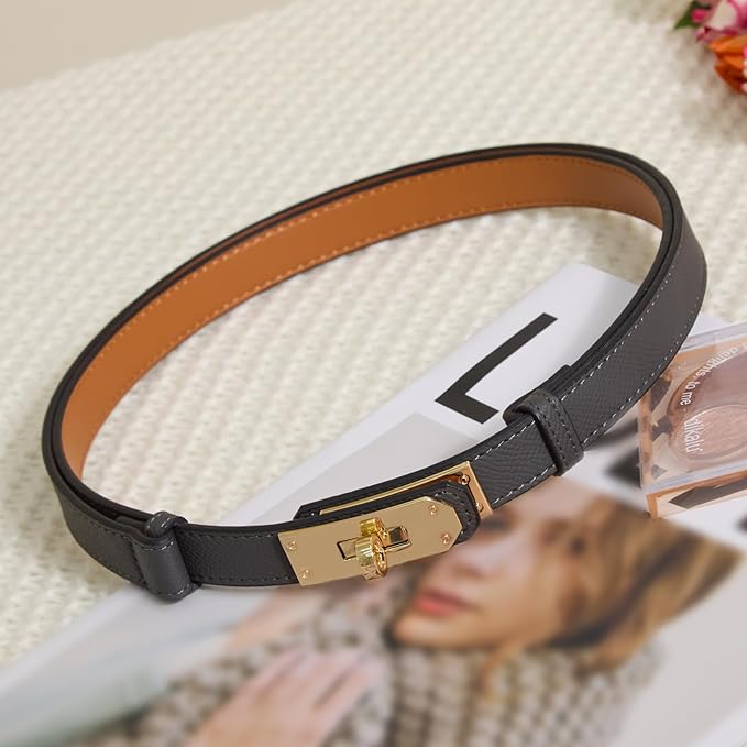 Skinny Leather Belts for Women with Adjustable Silver Turn-Lock Buckle for Dresses Jeans and Pants