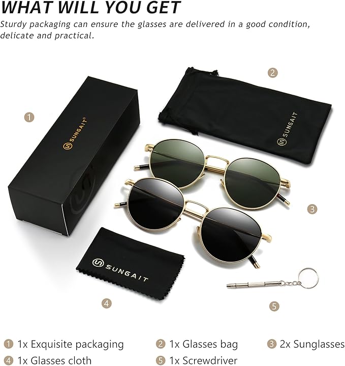SUNGAIT Ponderable Metal Round Sunglasses for Men Women Classic Vintage Polarized Circle Sun Glasses