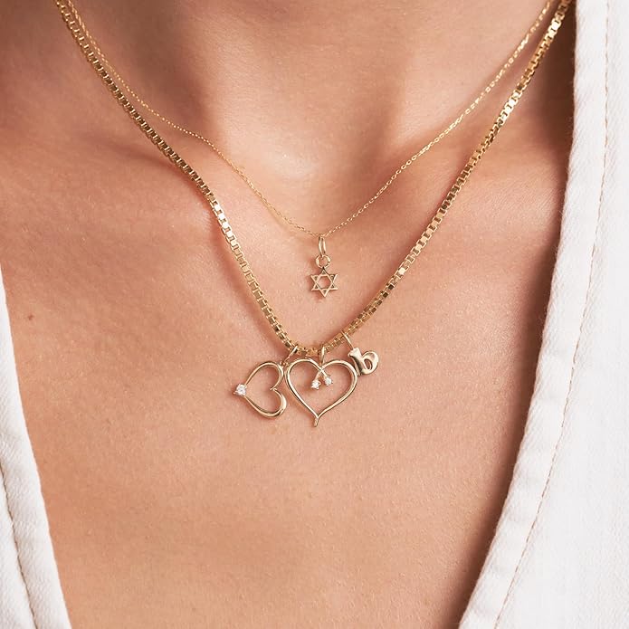 Gelin Open Heart Necklace with Two Diamonds 14K Solid Gold