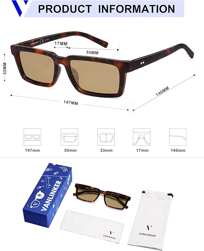 VANLINKER Retro Rectangular Polarized Sunglasses for Women Men Trendy Small Chic 80s 90s Square Sun Glasses VL9877