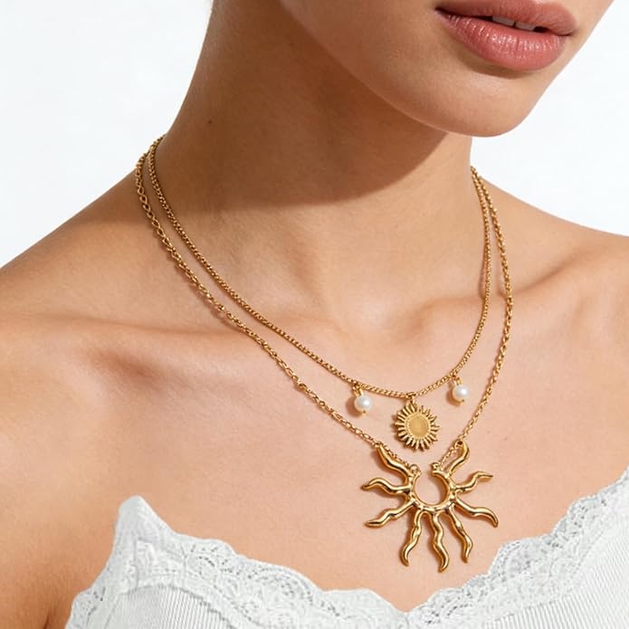 Dainty Gold Plated Sun Pendant Necklace for Women, Layered Choker Chain, Minimalist Celestial Jewelry Gift for Her