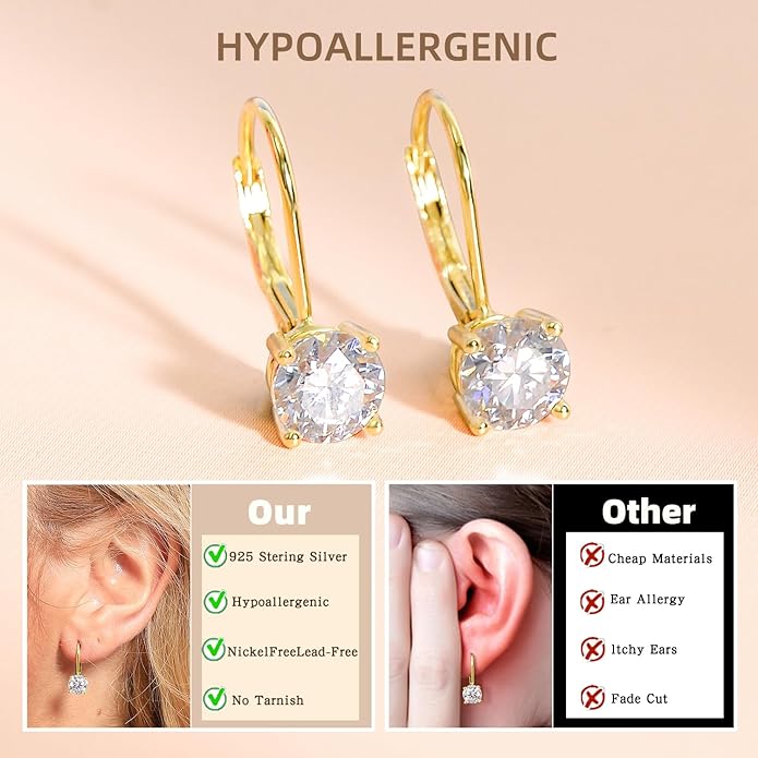 Moissanite Earrings for Women 2.0CT D Color,18K White Gold Plated Sterling Silver Dangle Earrings, Leverback Drop Earrings Jewelry for Gifts