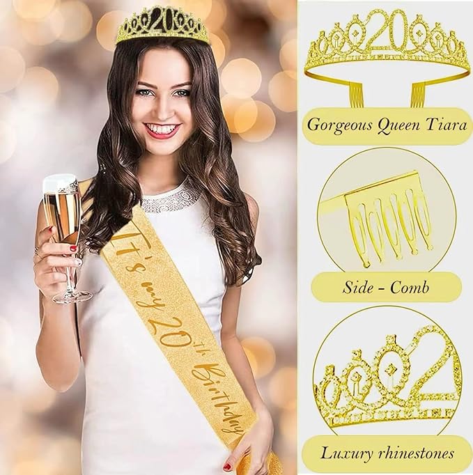 20th Birthday Decorations for Her Girls Set, Include 20th Birthday Crown and 20 Sash, 20th Birthday Cake Topper and 20 Birthday Candles, Gold 20 Balloons, Women 20th Party Supplies(Gold)