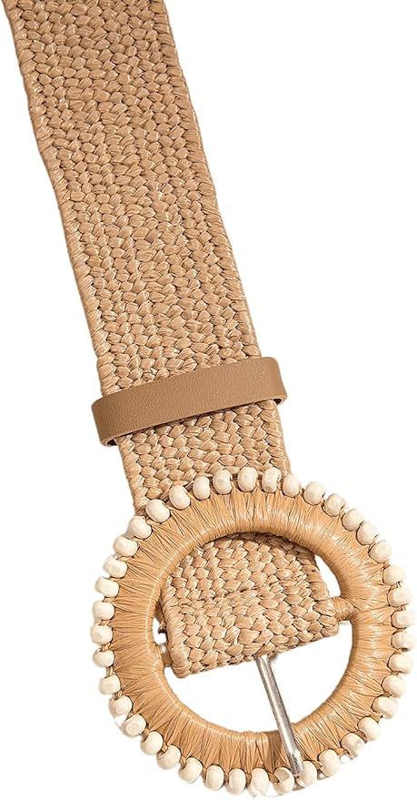 Verdusa Women's Western Belt Cowgirl Boho Straw Belts Round Buckle Elastic Waist Belt
