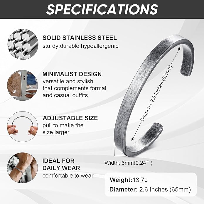MEALGUET Stainless Steel Mens Cuff Bracelet : Minimal Cool Silver/Black/Gold Plated Open Metal Cuff Bangle Bracelets for Men,Mens Bracelet Jewelry Gift