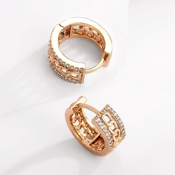 14K Gold Plated Cubic Zirconia Hoop Earrings,Three Row Diamon | Arrows | Double Row of Diamonds Huggie Earrings for Women