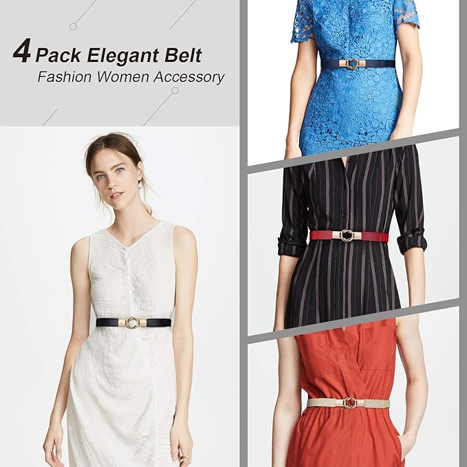 WERFORU Women Skinny Belt for Dresses Retro Stretch Waist Belt with Gold Buckle Set of 4