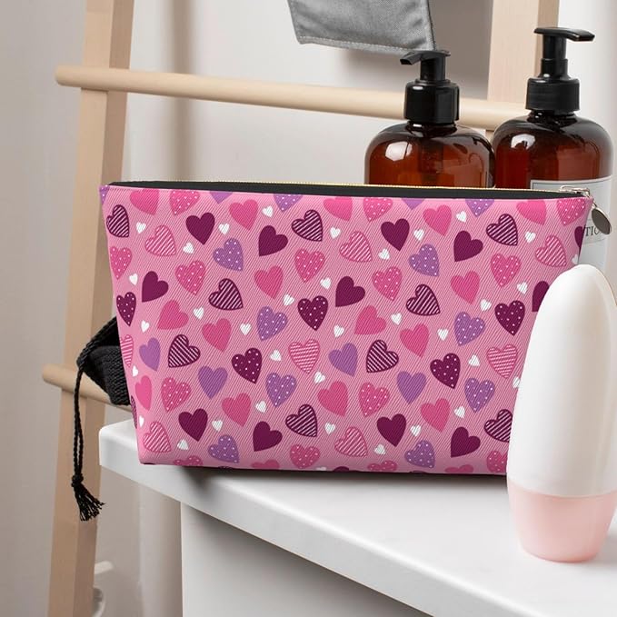 Cute Valentine's Day Hearts Makeup Bag Zipper Pouch Travel Portable Cosmetic Bag Organizer for Women