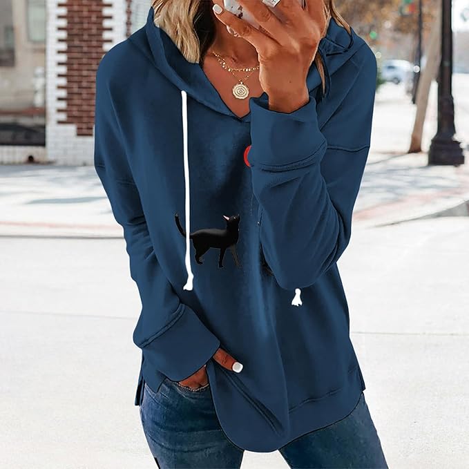 Womens Black Floral Print Hoodie Long Sleeve Cotton Blend Pullover Sweatshirt Loose Fit Casual Top For Everyday Wear