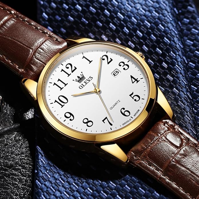 OLEVS Mens Watches Vintage Leather Band Dress Classic Easy Reader Arabic Numerals Analog Quartz Waterproof Date and Day Blue/Black/White Large Face Men's Wrist Watches