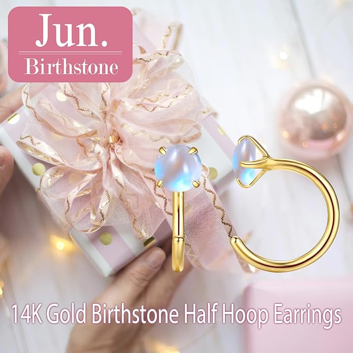 14K Gold Birthstone Huggie Half Hoop Earrings for Women,Round-cut Created Gemstone Minimalist Tiny Earring(4MM*2) Anniversary Birthday Mother's Day Jewelry for Mom Her